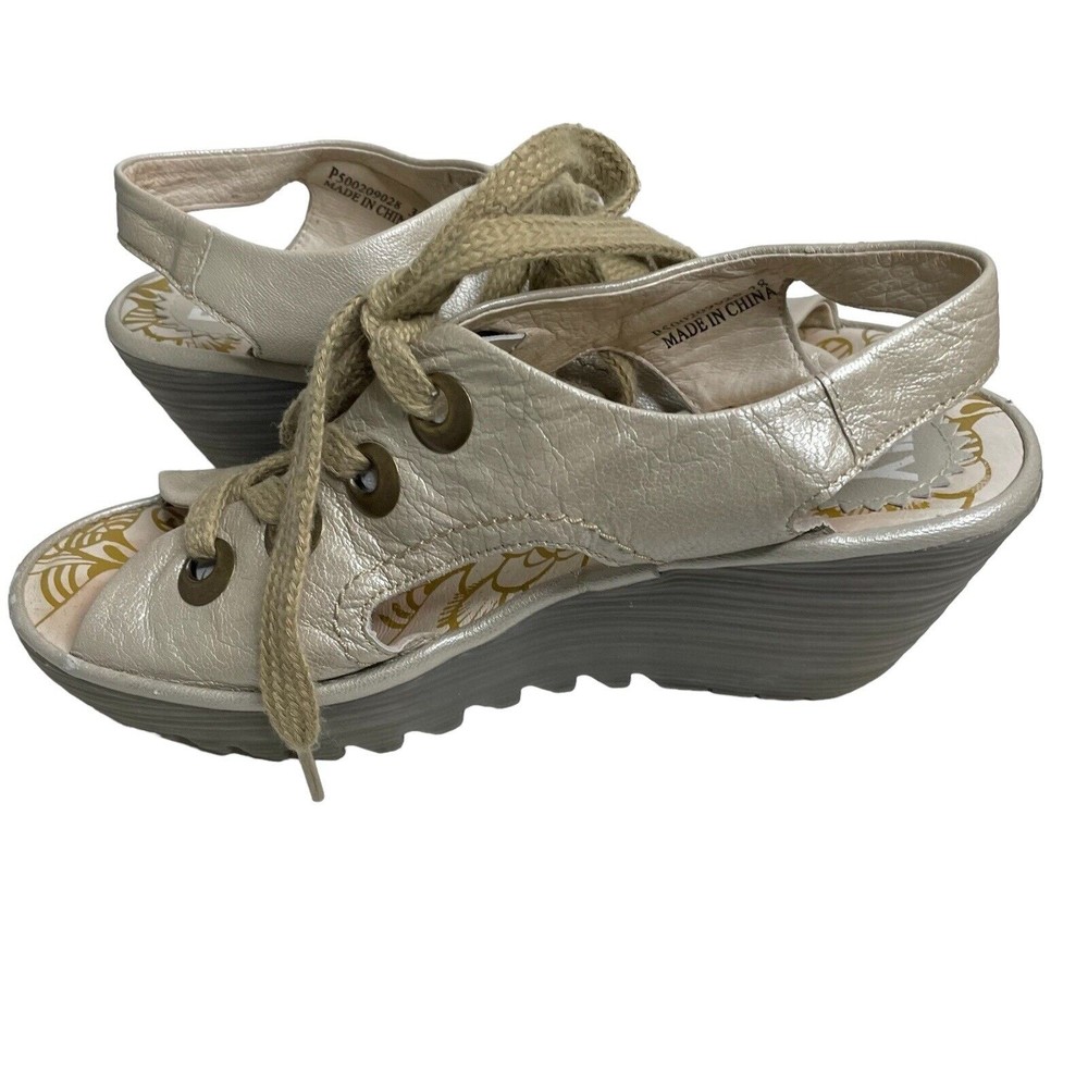 Fly London Ylfa Leather Lace Up Wedge Sandals Shoes US 7.5 EU 38 Pearlized a1 - Picture 4 of 10